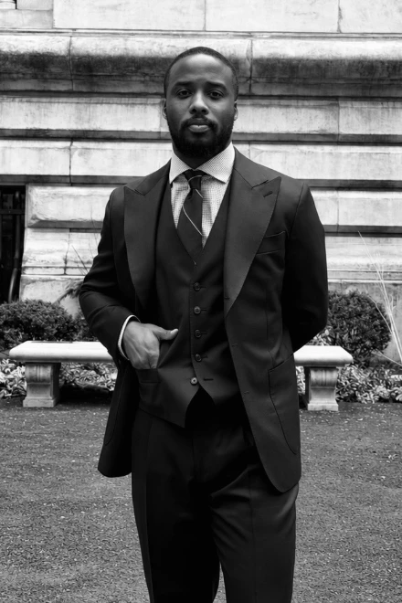 Jimi Fagbure, founder of The Mansa Court, in a three-piece suit, New York.